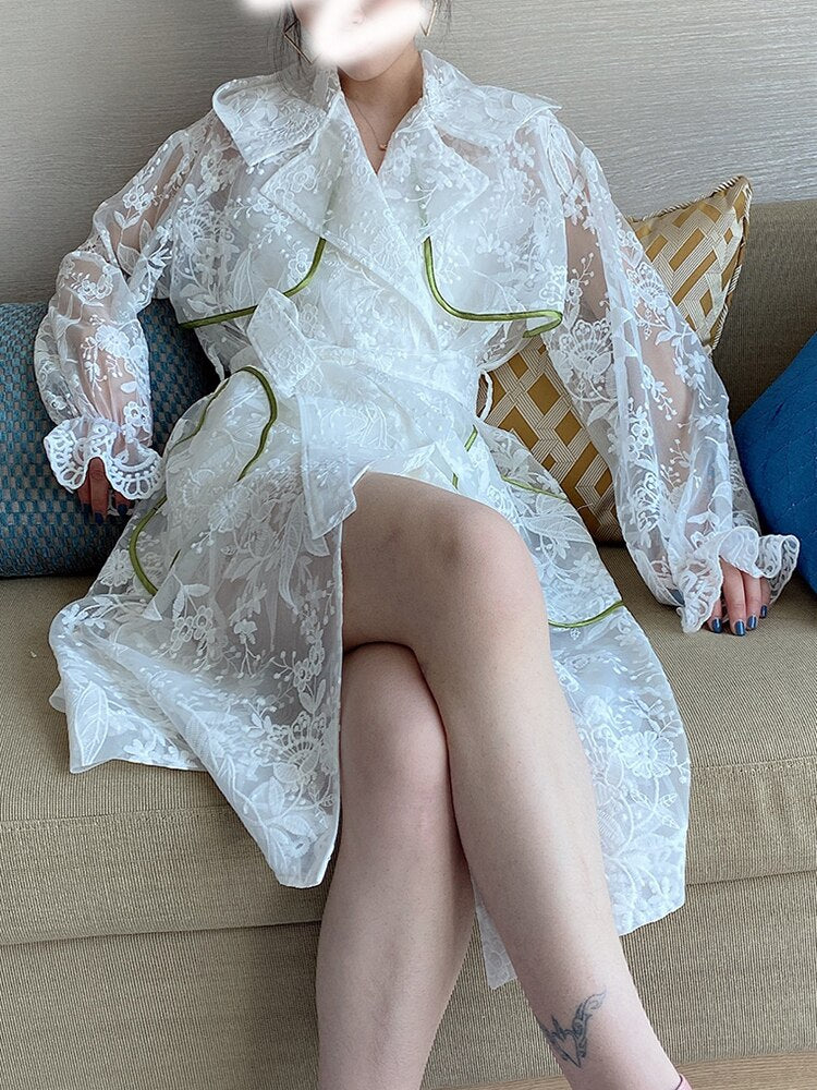 Lace Sun Protection Clothing Windbreaker Summer White Hooded Embroidery Fairy Over-The-Knee Long Coat Women