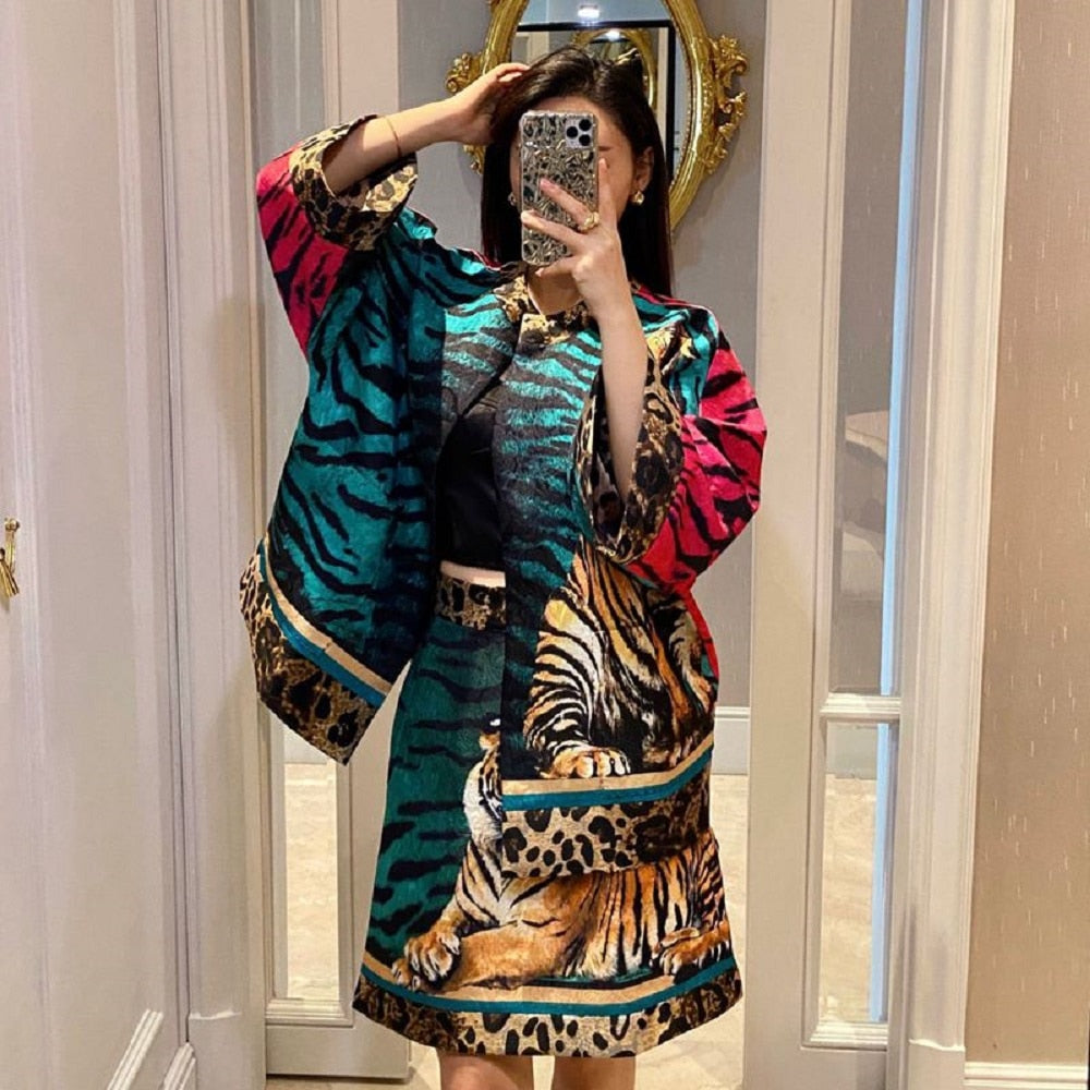 Summer Tiger Year Series Jacquard Leopard Tiger Jacket + Slim High Waist A-Line Skirt Suit