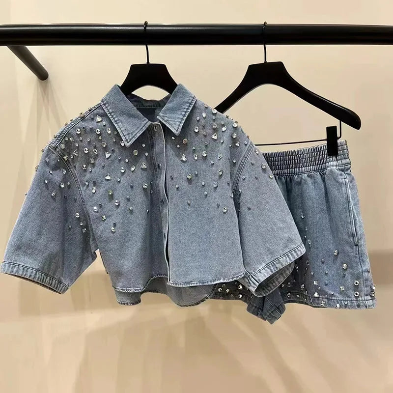 Spring and summer denim blue design with diamond polo collar top and shorts lively set