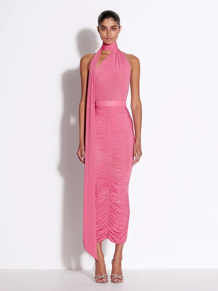 New Summer Women's Sexy One Shoulder Diamond Pleated Skirt 2-Piece Set Elegant Party Set