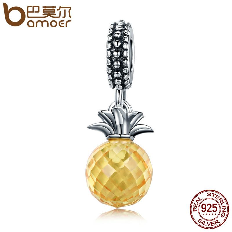 BAMOER 925 Sterling Silver Summer Yellow Crystal Pineapple CZ, Pendant Beads fit Charm Bracelet SCC150