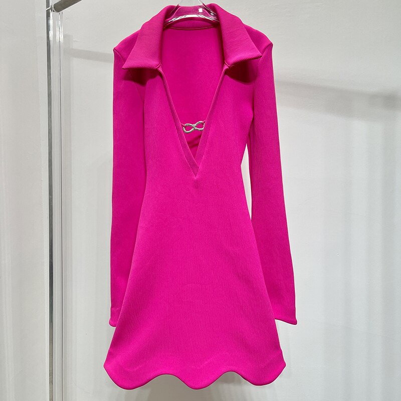 y2k summer small lapel deep V-neck rhinestone long sleeve women dress