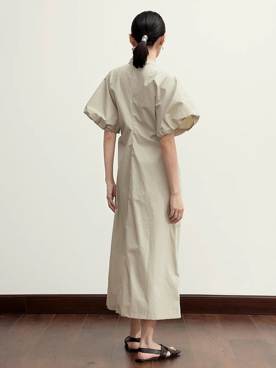 Women Dress Summer All Match Fashion Cotton Puff Sleeve Single Breasted Simple Loose Leisure Long Shirt Dress New