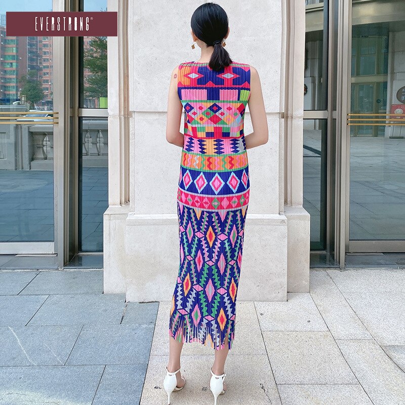Miyake Pleated Dress Summer Sleeveless Printing Casual Vacation Slim Vest Long Skirt Women