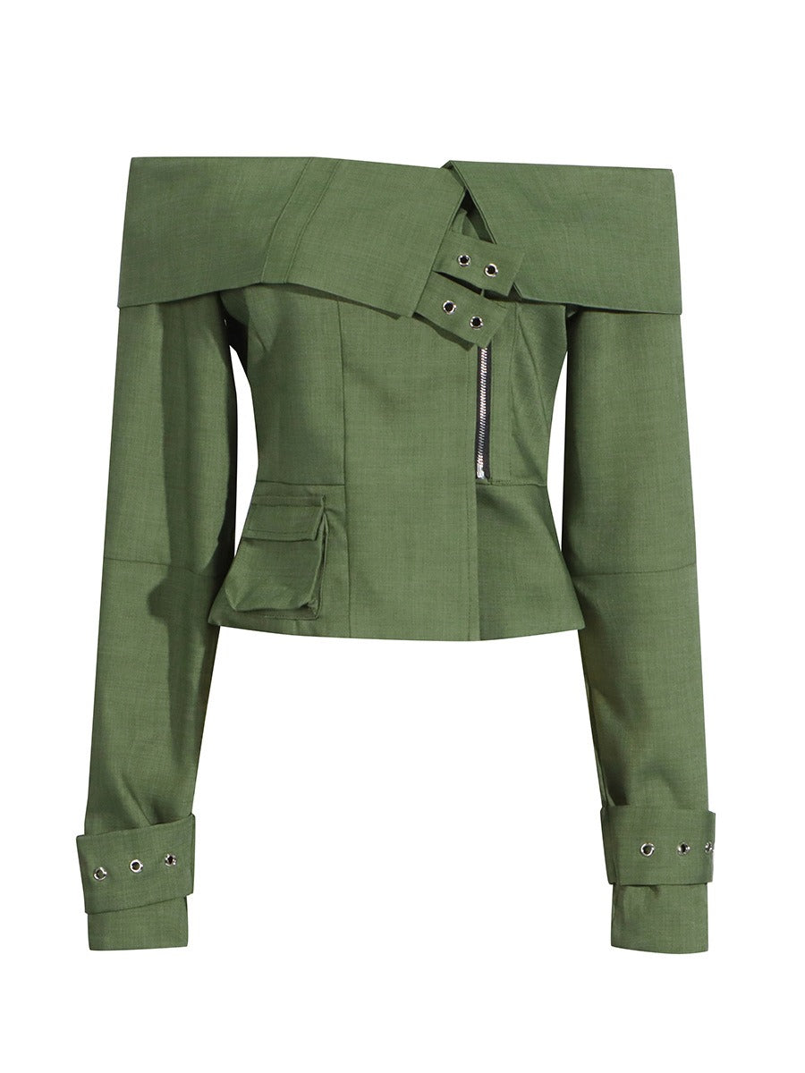 Summer New Style One-shoulder Long-sleeved Zipper Top High Waist High Slit Skirt Suit