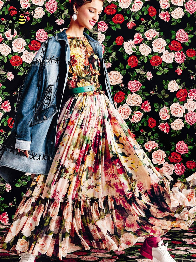 Tingfly Summer Haut Plus Size Maxi Dress Women Elastic Waist Tiered Layers Hem Rose Floral Print Vintage Elegant Long Dress