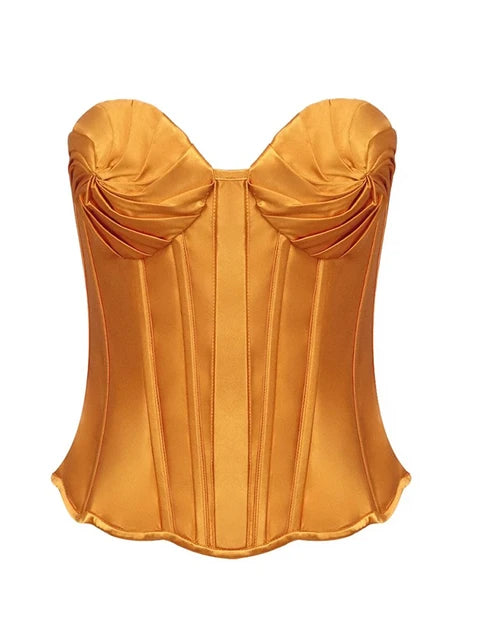 Ruched Design Satin Corset Tight fishbone Top Solid Ladies Strapless Folds Bustier Tank Summer Sexy Tops