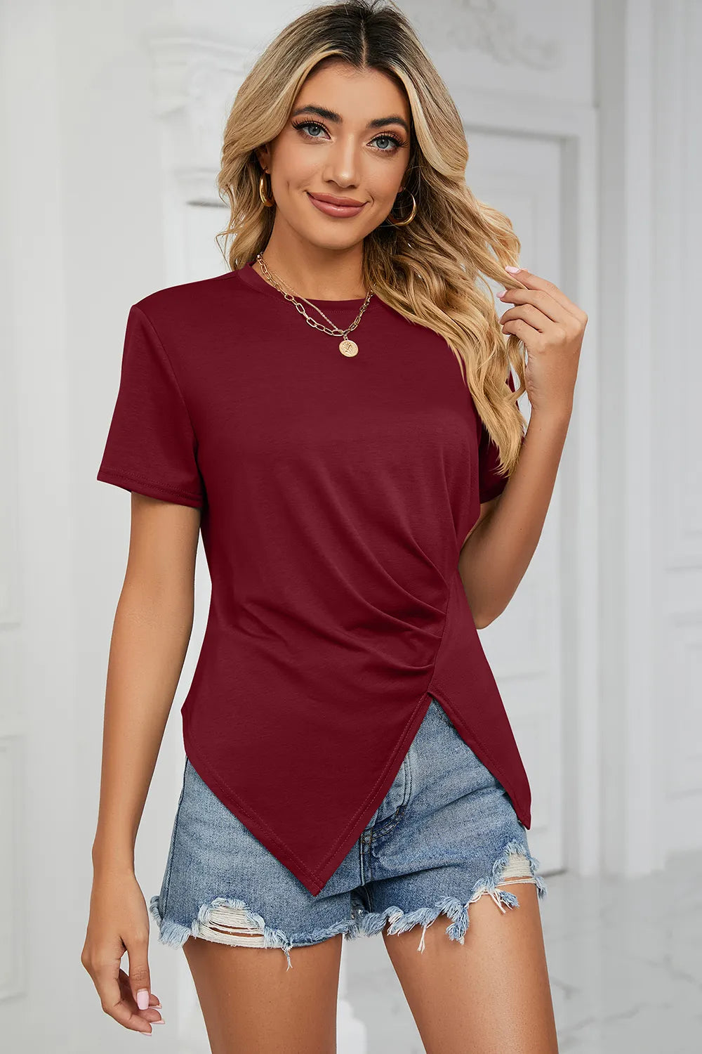 Summer round neck slit irregular pleated women's T-shirt