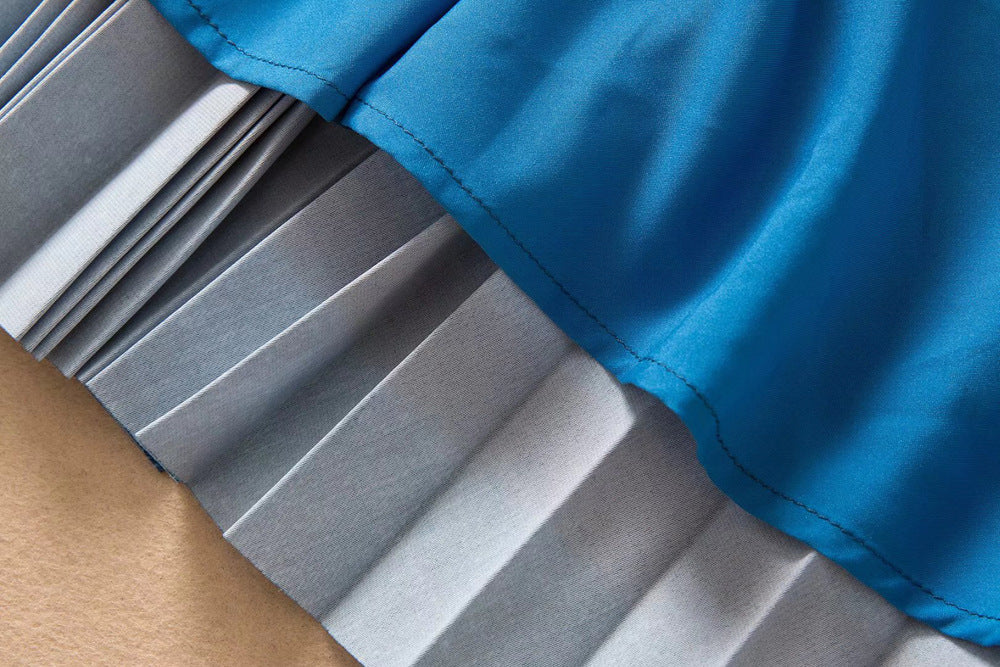 Spring Summer Women's Lapel Sleeveless Blue Nipped Waist Hem Pleated Skirt with Belt