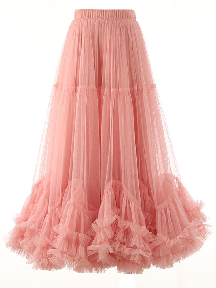 Folds Mesh Skirts For Women High Waist A Line Temperament Summer Elegant Ball Gown Fashion Style Clothing