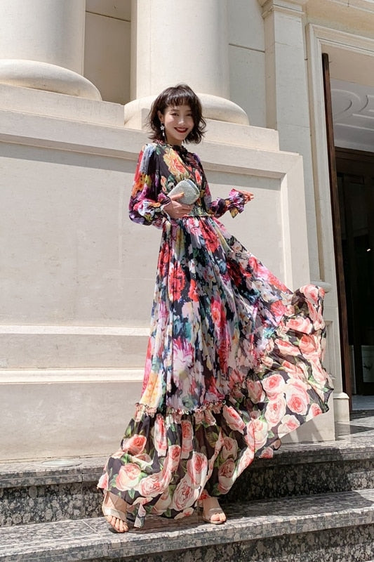 Tingfly Summer Haut Plus Size Maxi Dress Women Elastic Waist Tiered Layers Hem Rose Floral Print Vintage Elegant Long Dress