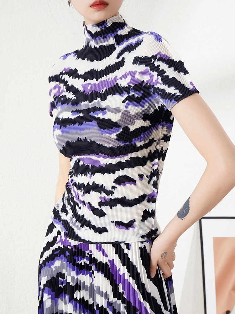 Printing Pleated Set Women Summer Elastic Slimming Stand Collar Short Sleeve T-shirt Top Long Skirt