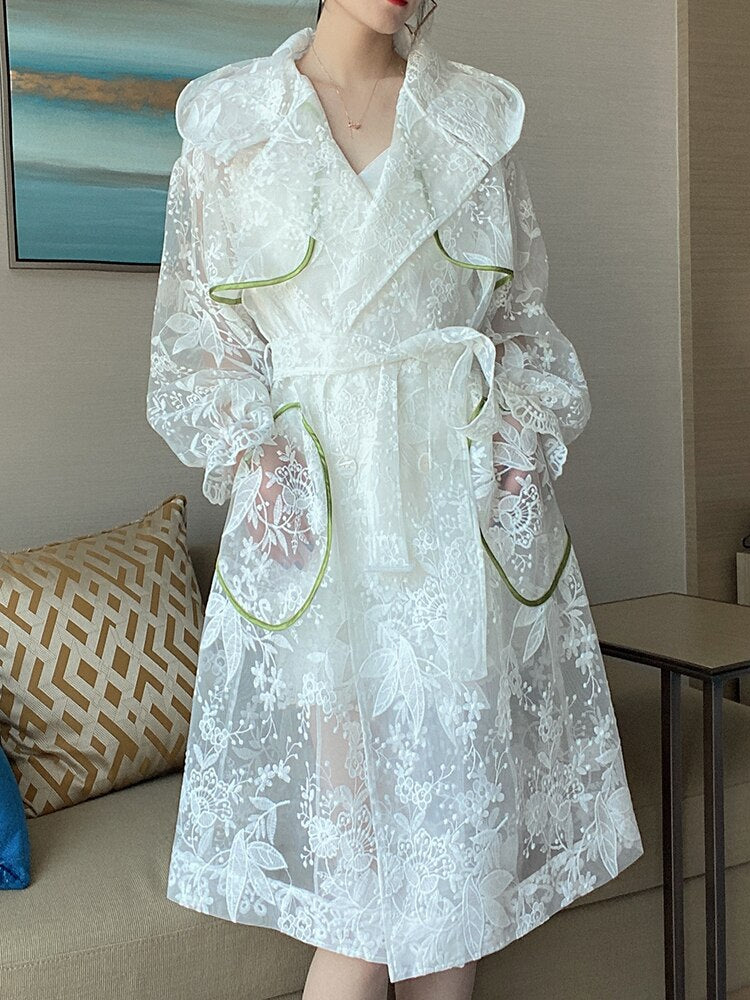 Lace Sun Protection Clothing Windbreaker Summer White Hooded Embroidery Fairy Over-The-Knee Long Coat Women