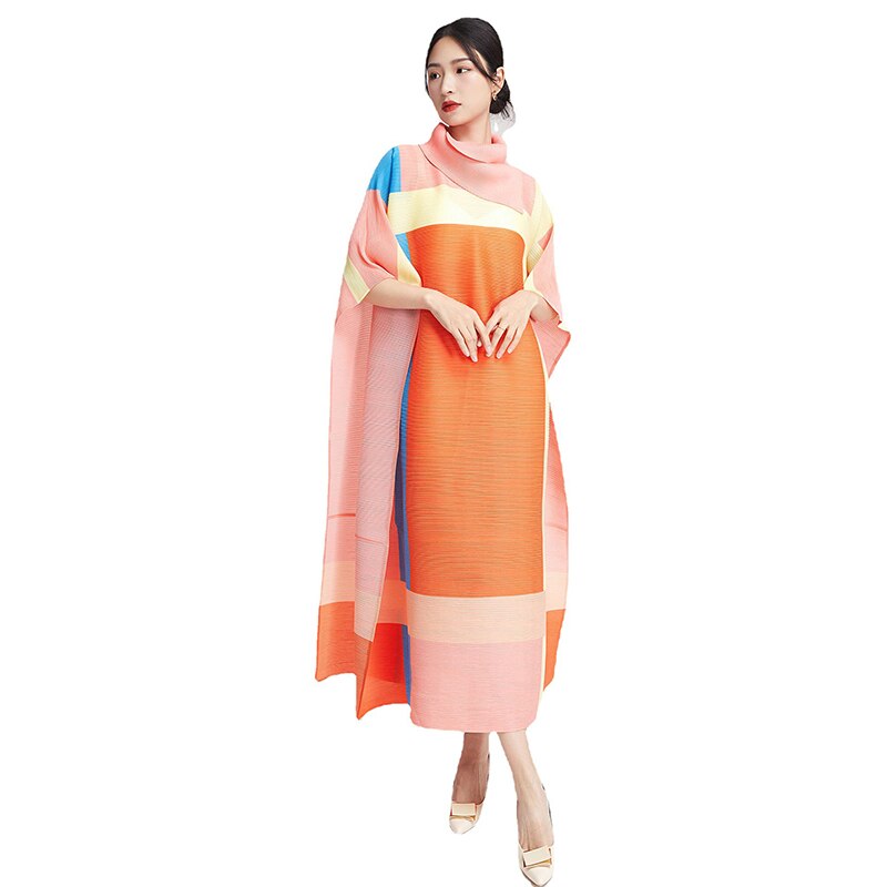 XITAO Fashion Folds Dress Turtleneck Contrast Color Splicing Bat Wing Sleeve Pullover Dress Temperament Summer New SMH1781