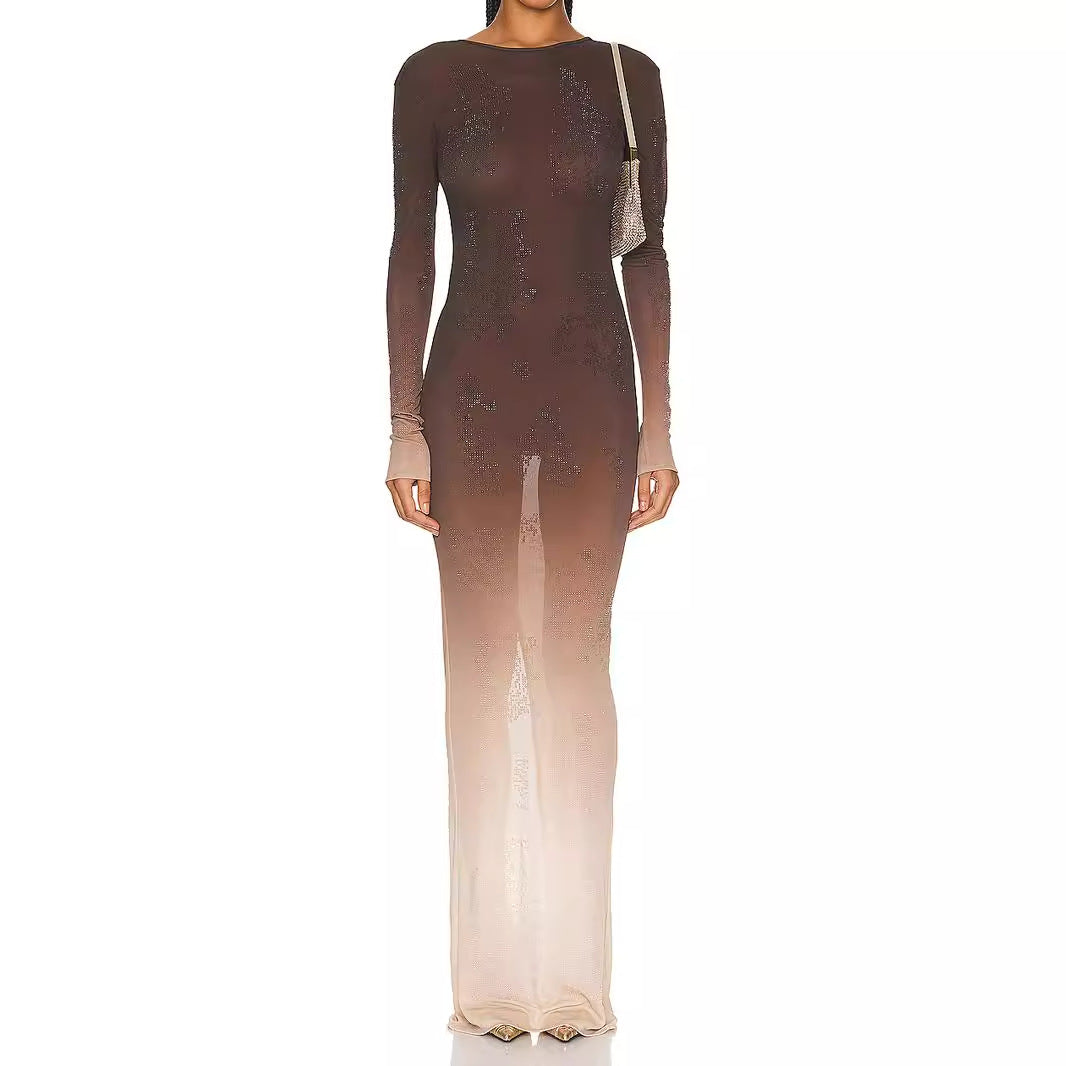 Gradient color rhinestone dress for women's summer, new European and American trend, high-end design, sexy long skirt for ladies