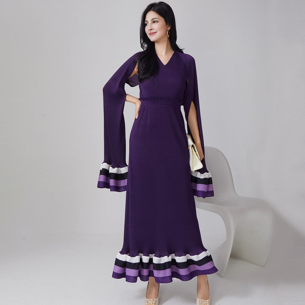Spring and summer high-end irregular flared sleeves cinched waist to show off slimming temperament elegant dress long skirt