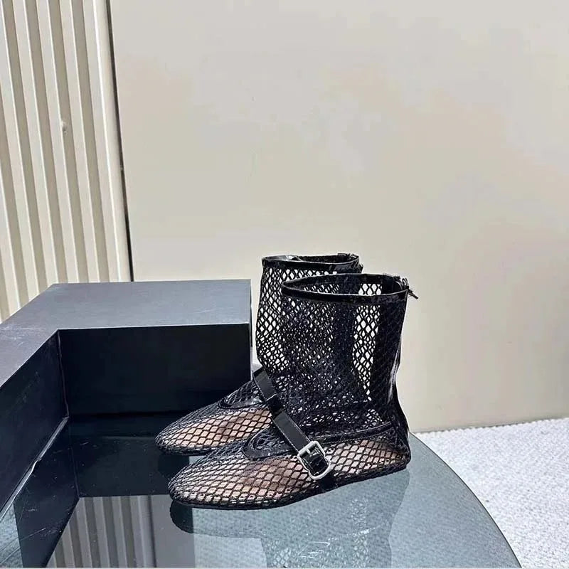 Summer New Mesh Hollow Women's Flat Bottom Short Boots Fashion Round Head Back Zipper Sexy Large Women's Boots