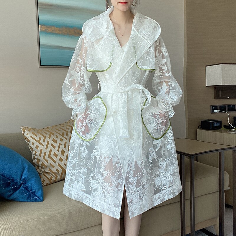 Lace Sun Protection Clothing Windbreaker Summer White Hooded Embroidery Fairy Over-The-Knee Long Coat Women