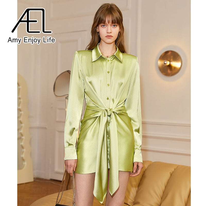 AEL New Women Satin Shirt Mini Dress Summer Casual Loose Elegant Party Belt One Piece Clothes Vestidos Streetwear