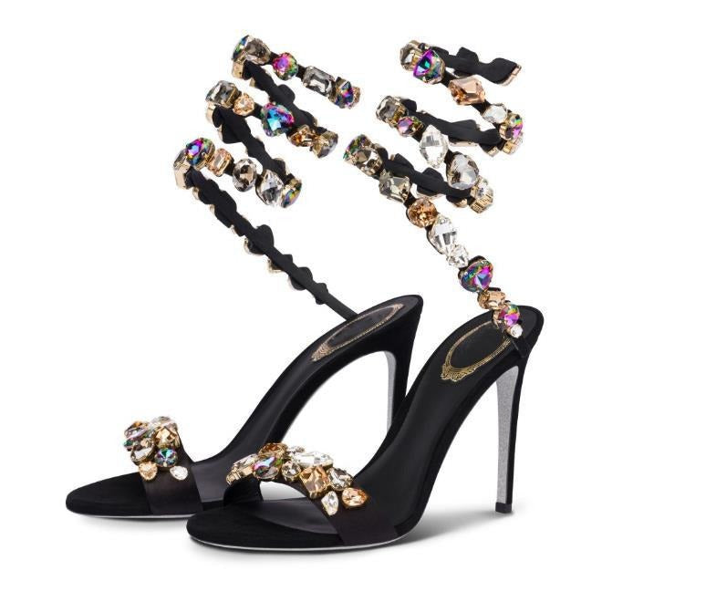 Summer Woman Ankle Wrap Crystal Sandals Sexy Peep Toe Stiletto Heels