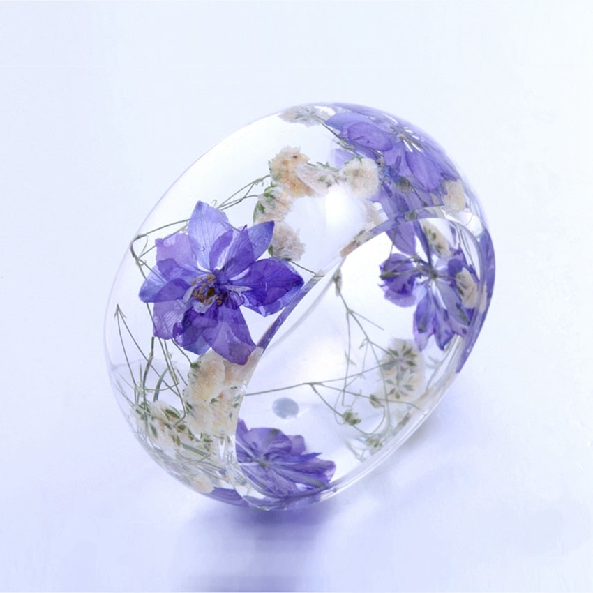 Trendy Resin Bangles Transparent Purple Flowers Crystal Bangle Bracelet for Women Pulseras Mujer Natural Summer Jewelry