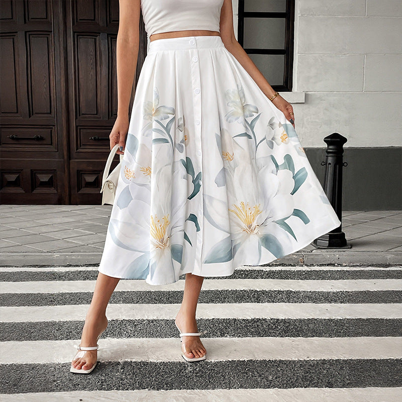Casual vacation sweet and fresh style button decoration floral print skirt summer