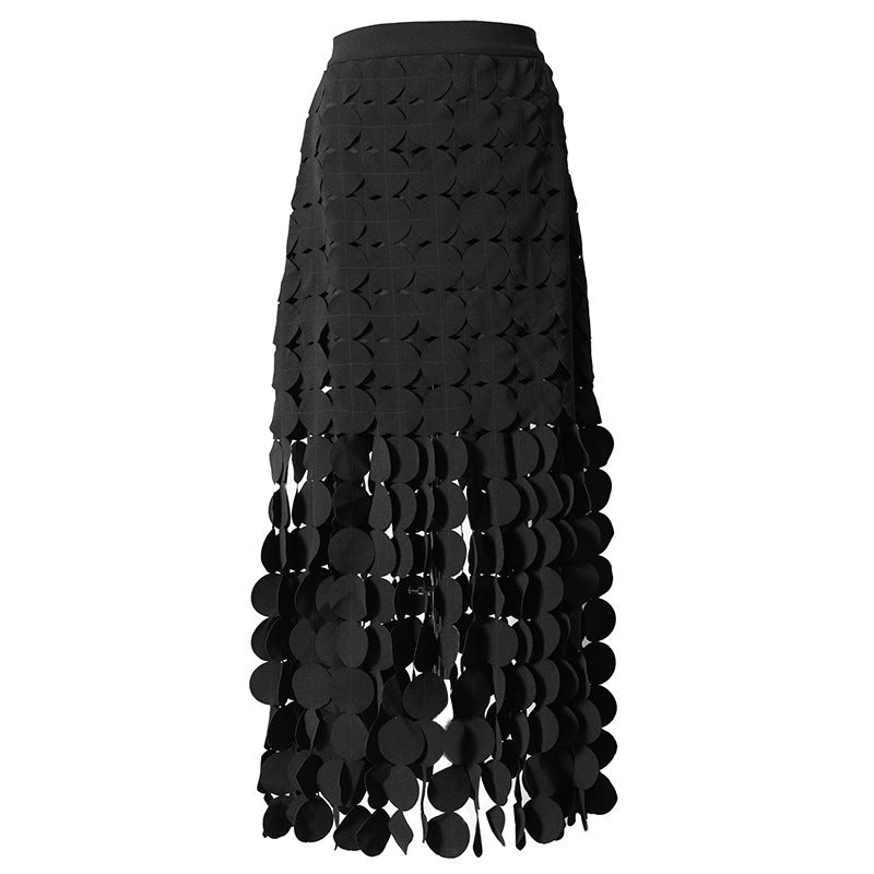 Summer New Three-Dimensional Dot Design Sense Cut Hollow Long Skirt Tassel Drape Slim Fashion High Waist Skirt