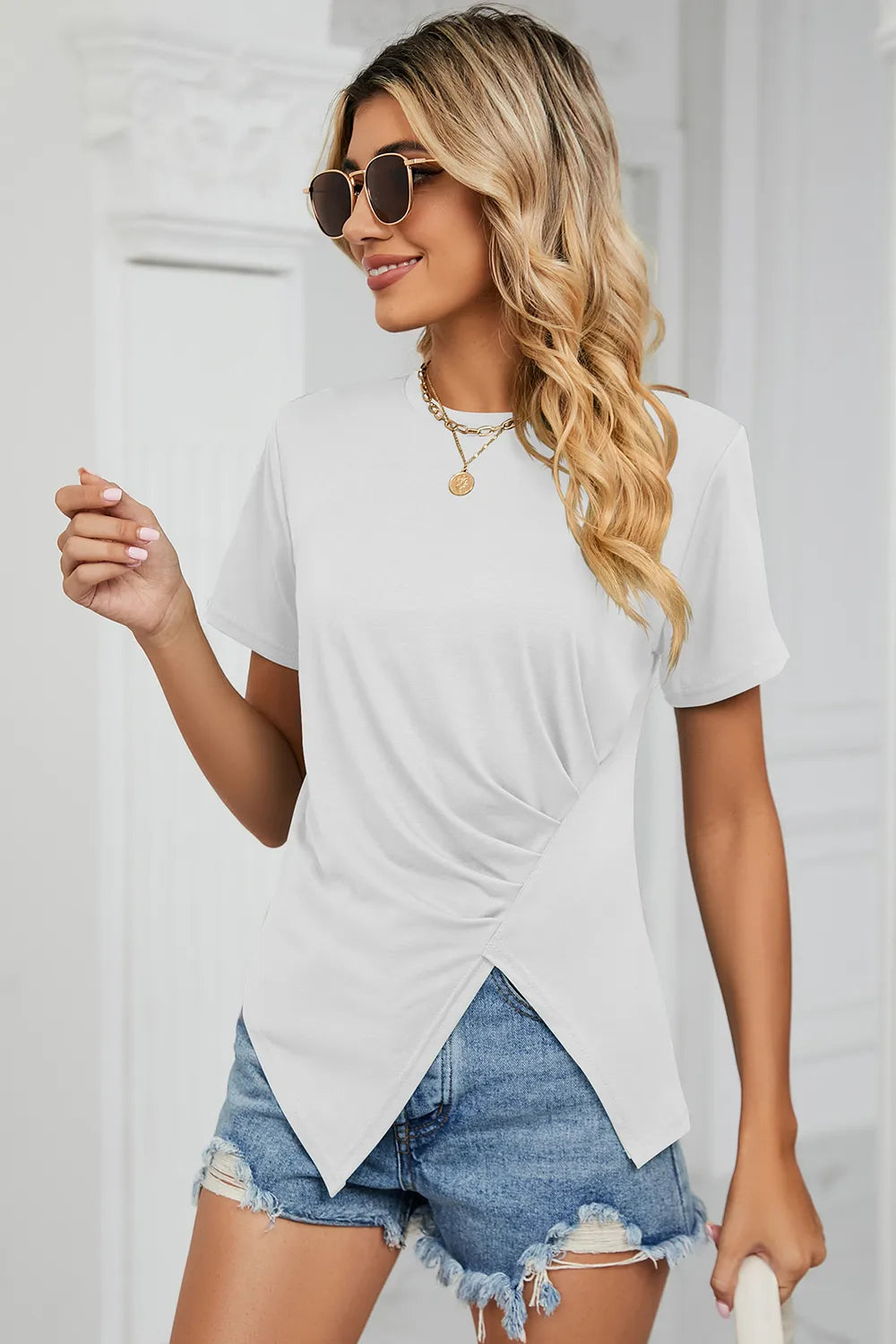 Summer round neck slit irregular pleated women's T-shirt