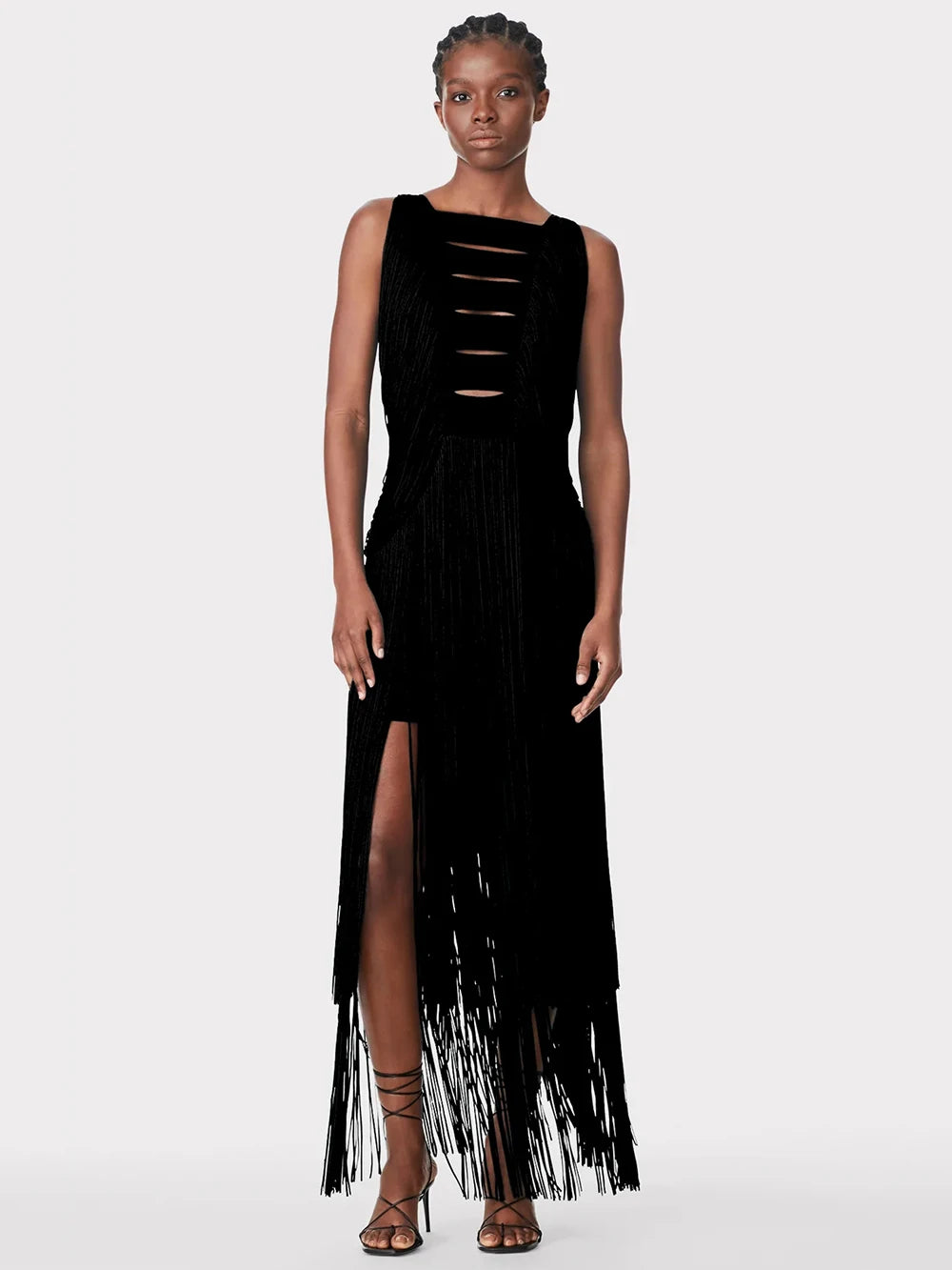 New Summer Women'S Sleeveless O-Neck Tassels Tight Long Bandage Dress Elegant Sexy Cut-Out Party Evening Maxi Dress