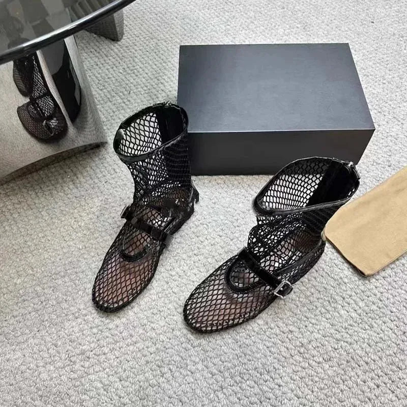 Summer New Mesh Hollow Women's Flat Bottom Short Boots Fashion Round Head Back Zipper Sexy Large Women's Boots