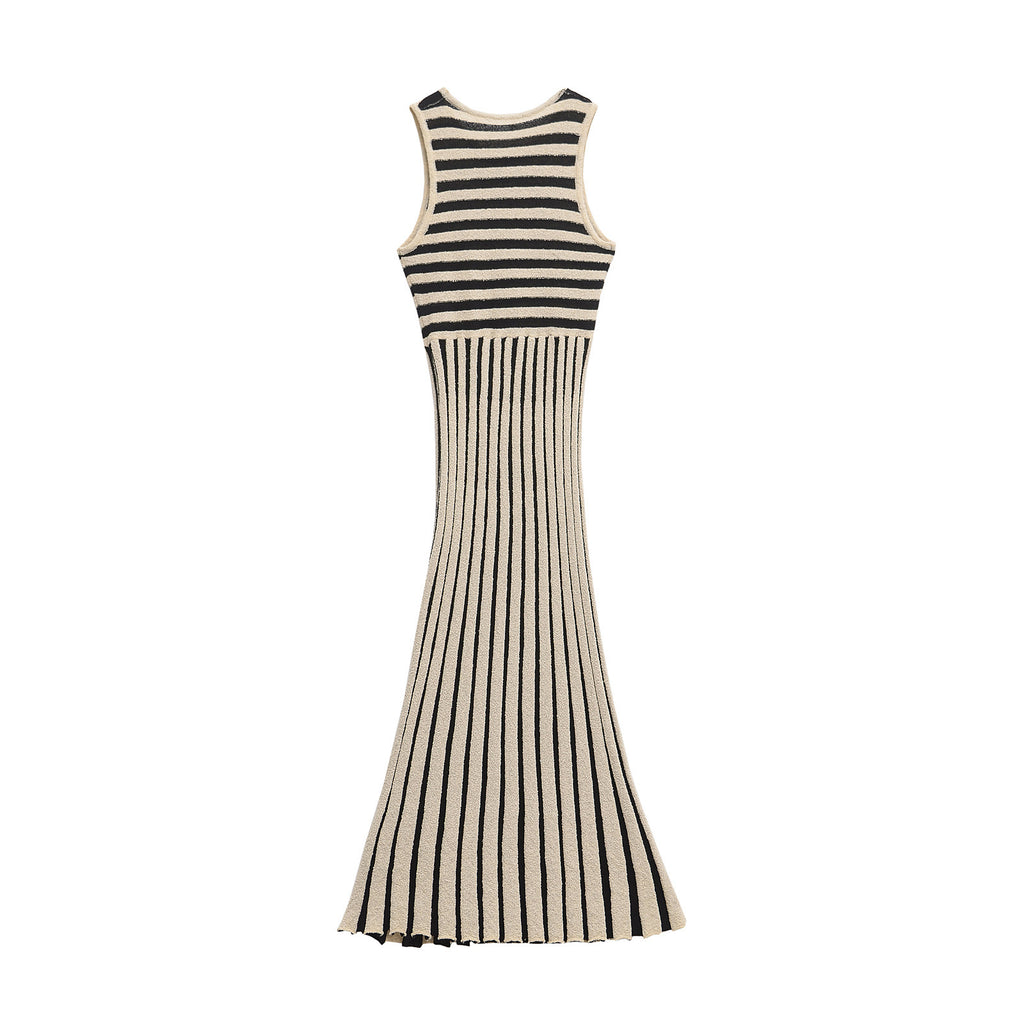 Round neck sleeveless striped contrasting knit dress for women