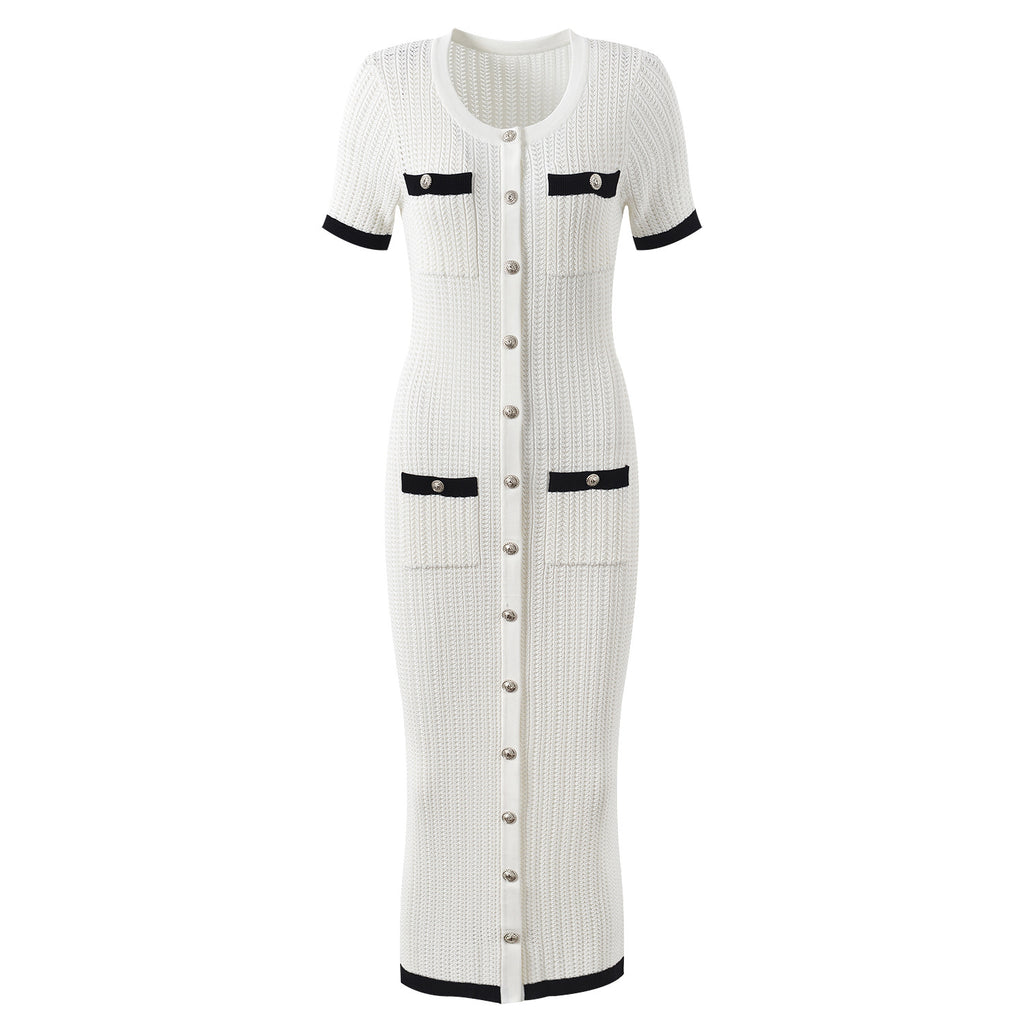 Round neck single breasted stylish dress for summer slim fit and slimming long skirt