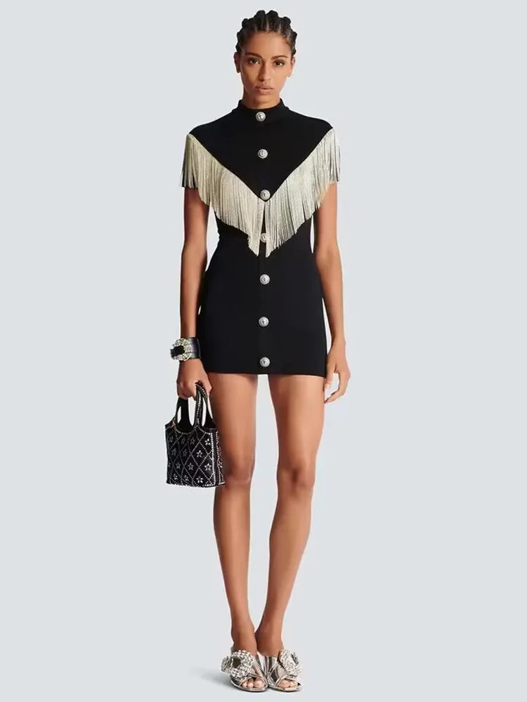 Summer Fashion Women's Black Sexy Button Tassel Short Sleeved O-Neck Decorative Bandage Mini Dress Bodycon Celebrity Dress