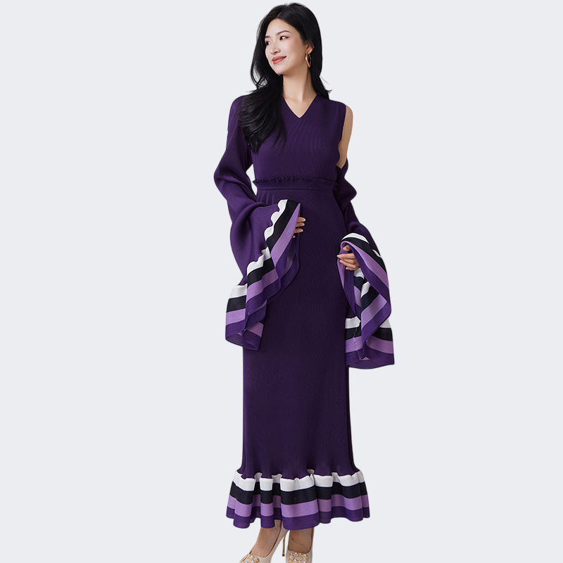 Spring and summer high-end irregular flared sleeves cinched waist to show off slimming temperament elegant dress long skirt