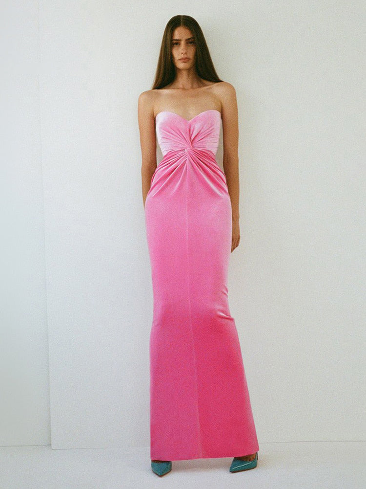 Hot Pink Strapless Velvet Dresses Women Summer Trendy Cross Knot Design Bodycon Long Elegant Dress