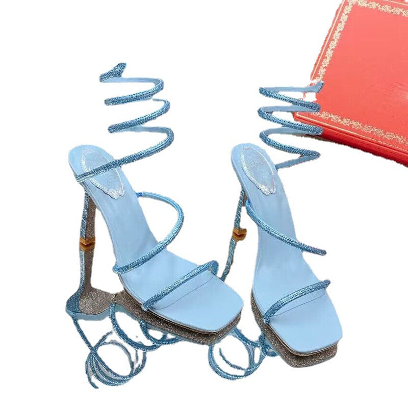 Summer High Heels Sandals Women Square Peep Toe Rhinestone Ankle Snake Twine Around Wedding Shoes Women Stiletto Sandals Woman