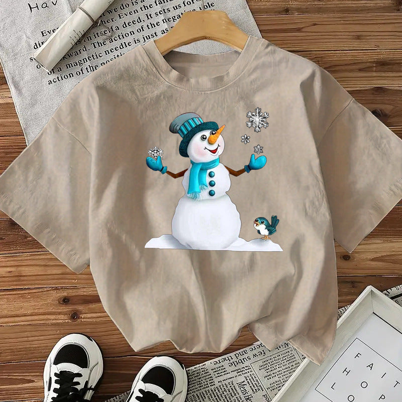 Snowman Cotton Women's Short Sleeve Fashion Style Top American Christmas New Arrival