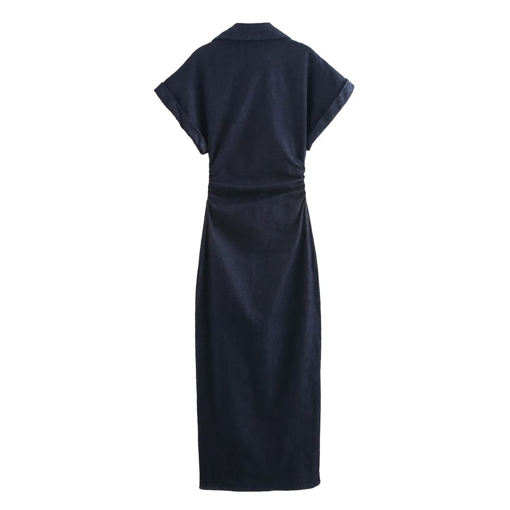 Fashion single breasted lapel short sleeved denim dress for women