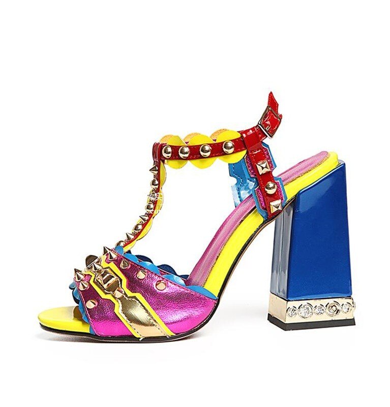 Summer New Fish Mouth Willow Nail Color Block Thick Heel Sandals Sexy Nightclub Dinner High Heels