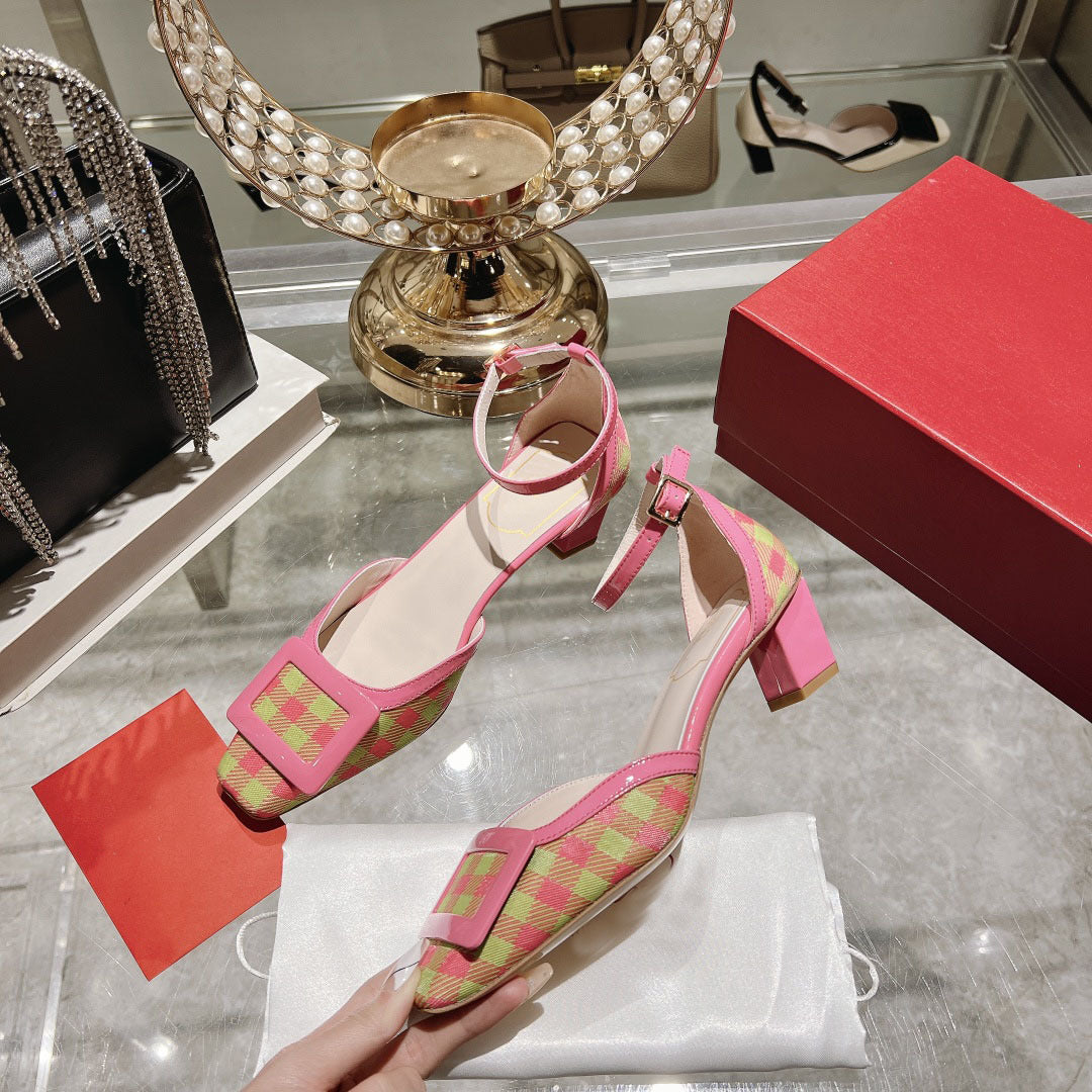 Runway Square Buckle Pumps Women Summer New Slingback Shallow High Heel Sandals Sexy Formal Banquet Mix Color Sandals Mujer