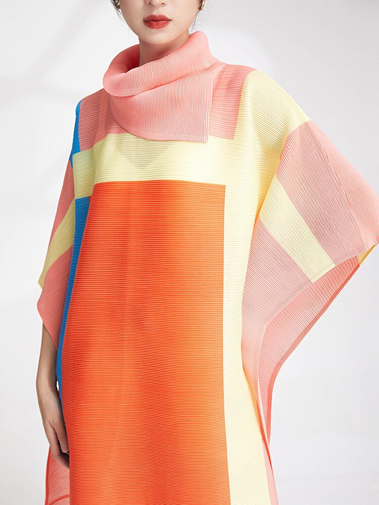 XITAO Fashion Folds Dress Turtleneck Contrast Color Splicing Bat Wing Sleeve Pullover Dress Temperament Summer New SMH1781