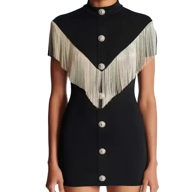 Summer Fashion Women's Black Sexy Button Tassel Short Sleeved O-Neck Decorative Bandage Mini Dress Bodycon Celebrity Dress