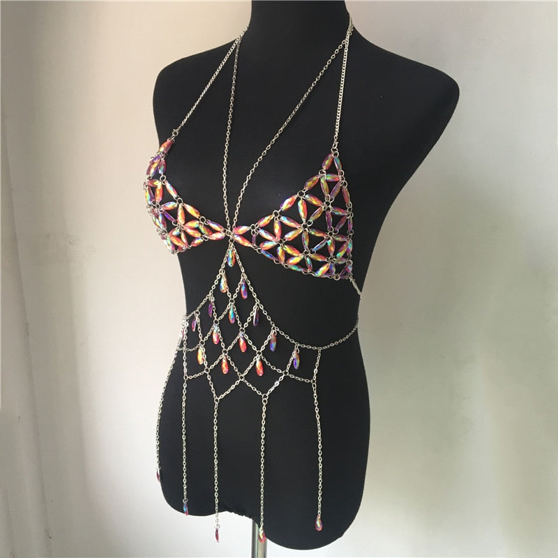 Queen Bling Metal Tassel Details Tank Tops Festival Rave Clothing Summer Sexy Backless Rave Body Chain Beach Tops