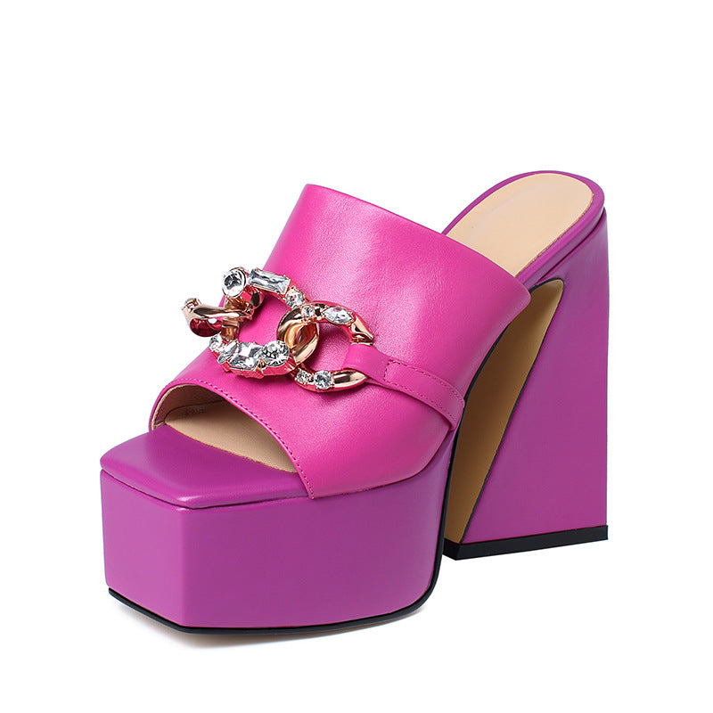 Summer New Square Head Waterproof Platform Thick Heel High Heel Metal Chain Fish Mouth Catwalk Slippers