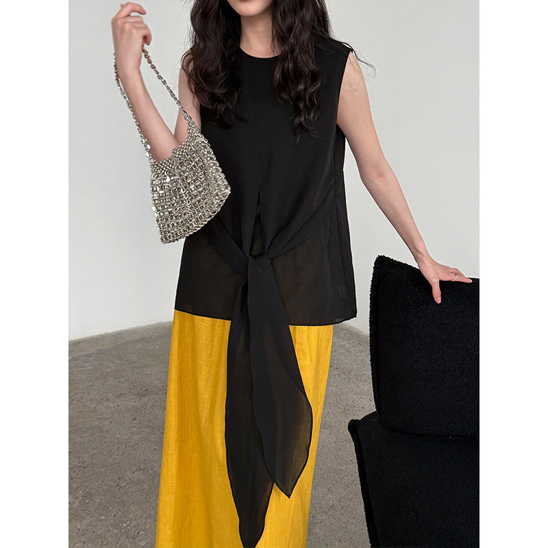 Twisted strap waist cinching short sleeved top for summer versatile and slim looking shirt