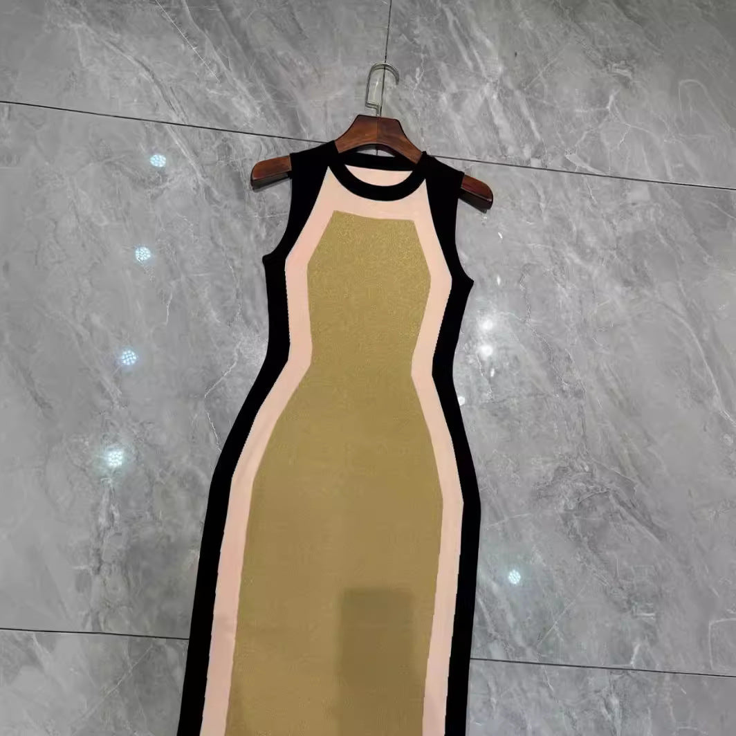French style spring and summer one-step skirt, high elasticity knitted, sexy and slim fitting temperament, color blocked sleeveless vest dress, women's skirt