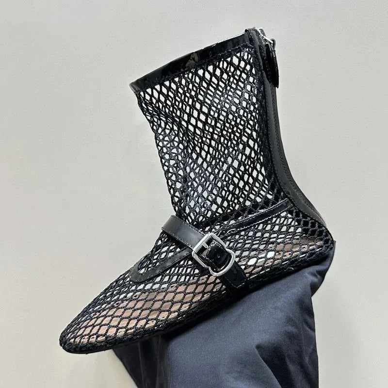 Summer New Mesh Hollow Women's Flat Bottom Short Boots Fashion Round Head Back Zipper Sexy Large Women's Boots