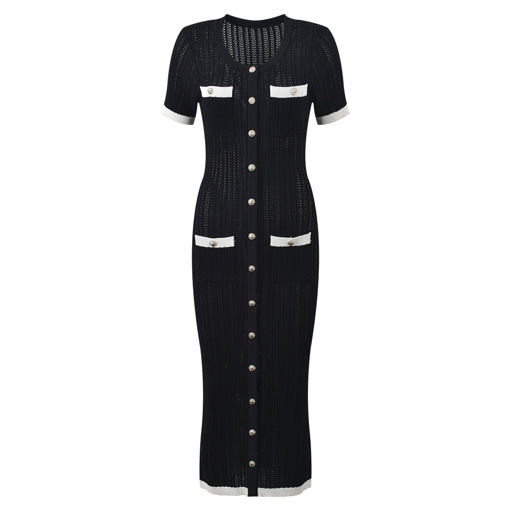 Round neck single breasted stylish dress for summer slim fit and slimming long skirt