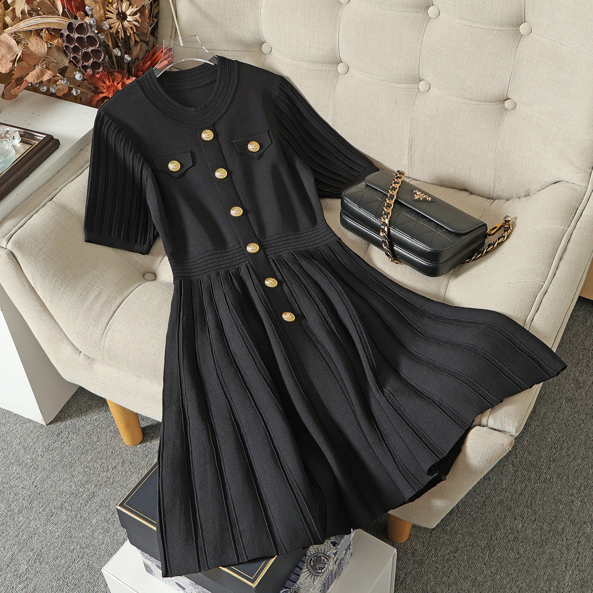 Summer new style small fragrant dress with French temperament niche design pocket curved bead knitted skirt
