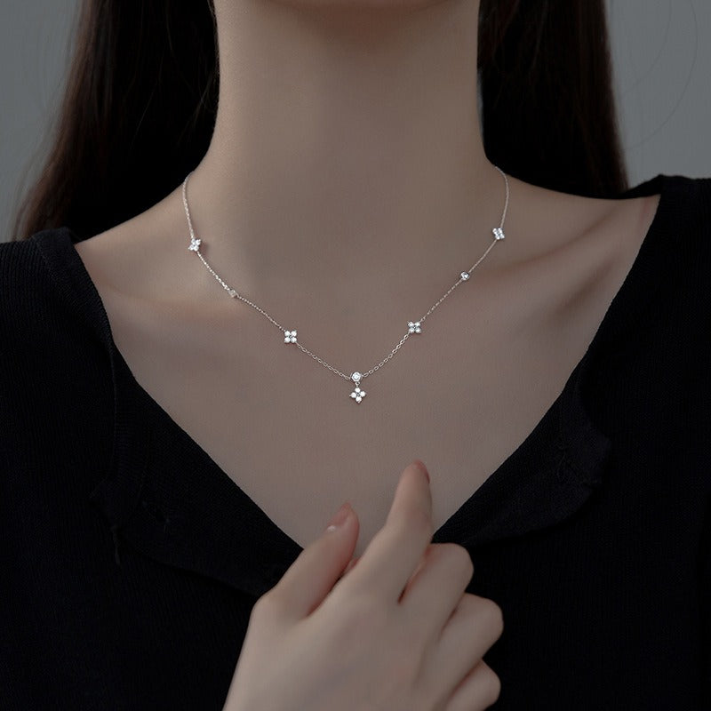 S925 Silver Summer Temperament Diamond Four Leaf Flower Necklace Retro Korean Female Clavicle Chain